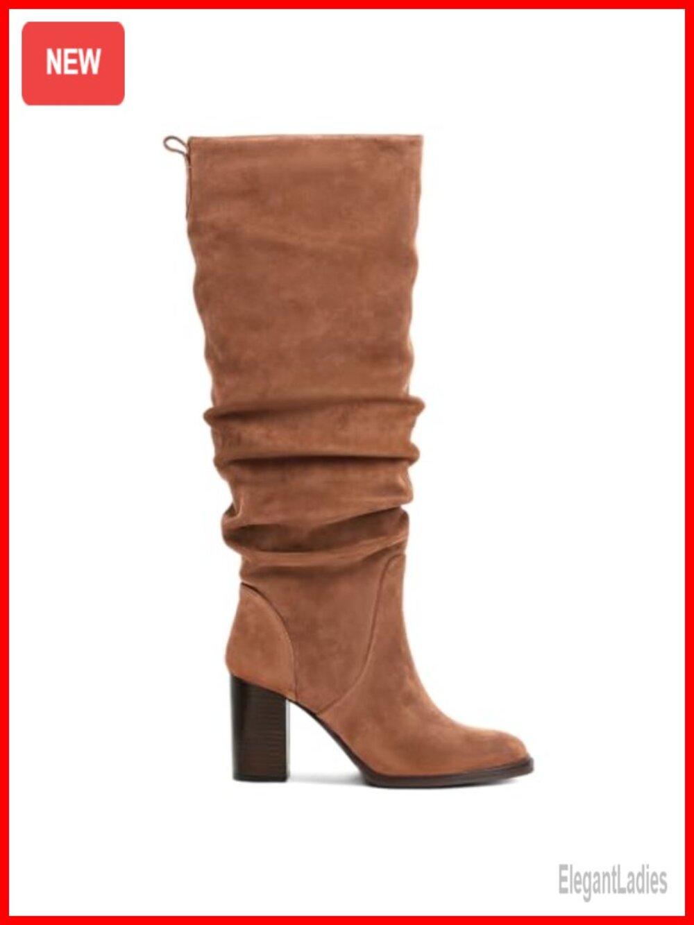 Faux Suede Knee High Boots Chunky Block Heel Slouchy Side Zip